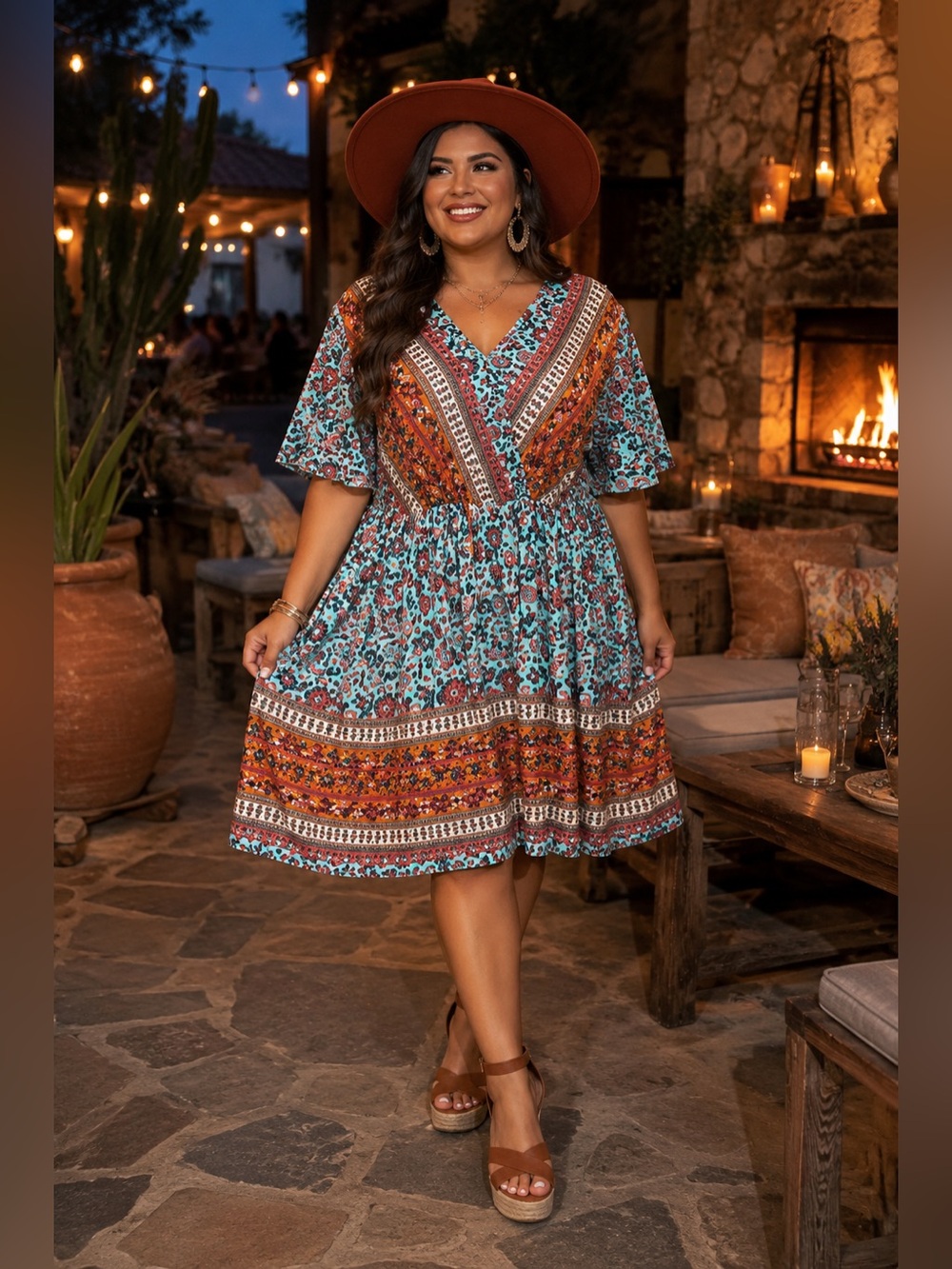 Hbeyyto Boho Floral V-Neck Dress in Teal & Rust